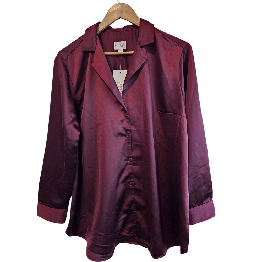 Isabel Maternity Blouse Womens Medium Purple Satin Button Top Silky Collared